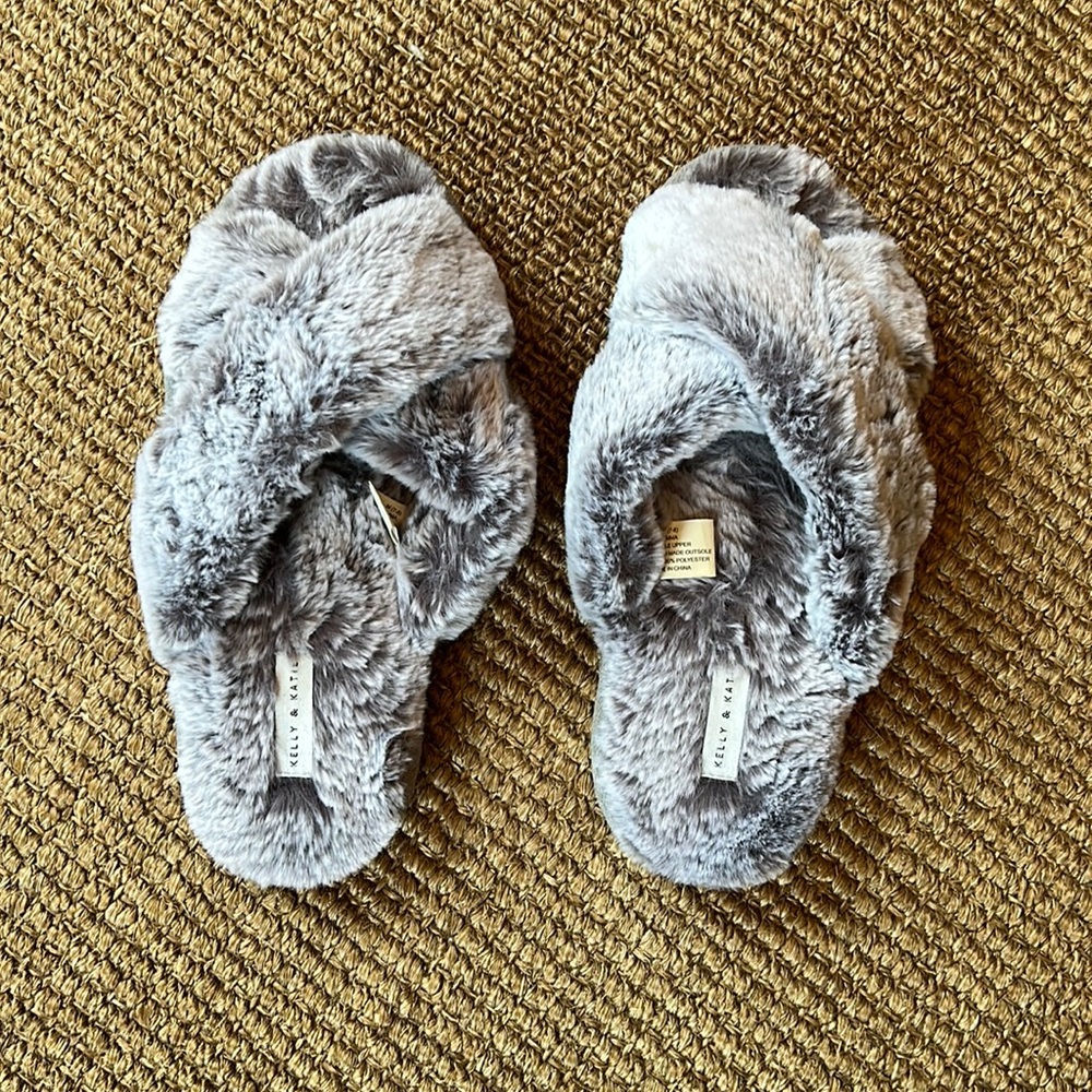 gray fuzzy slippers